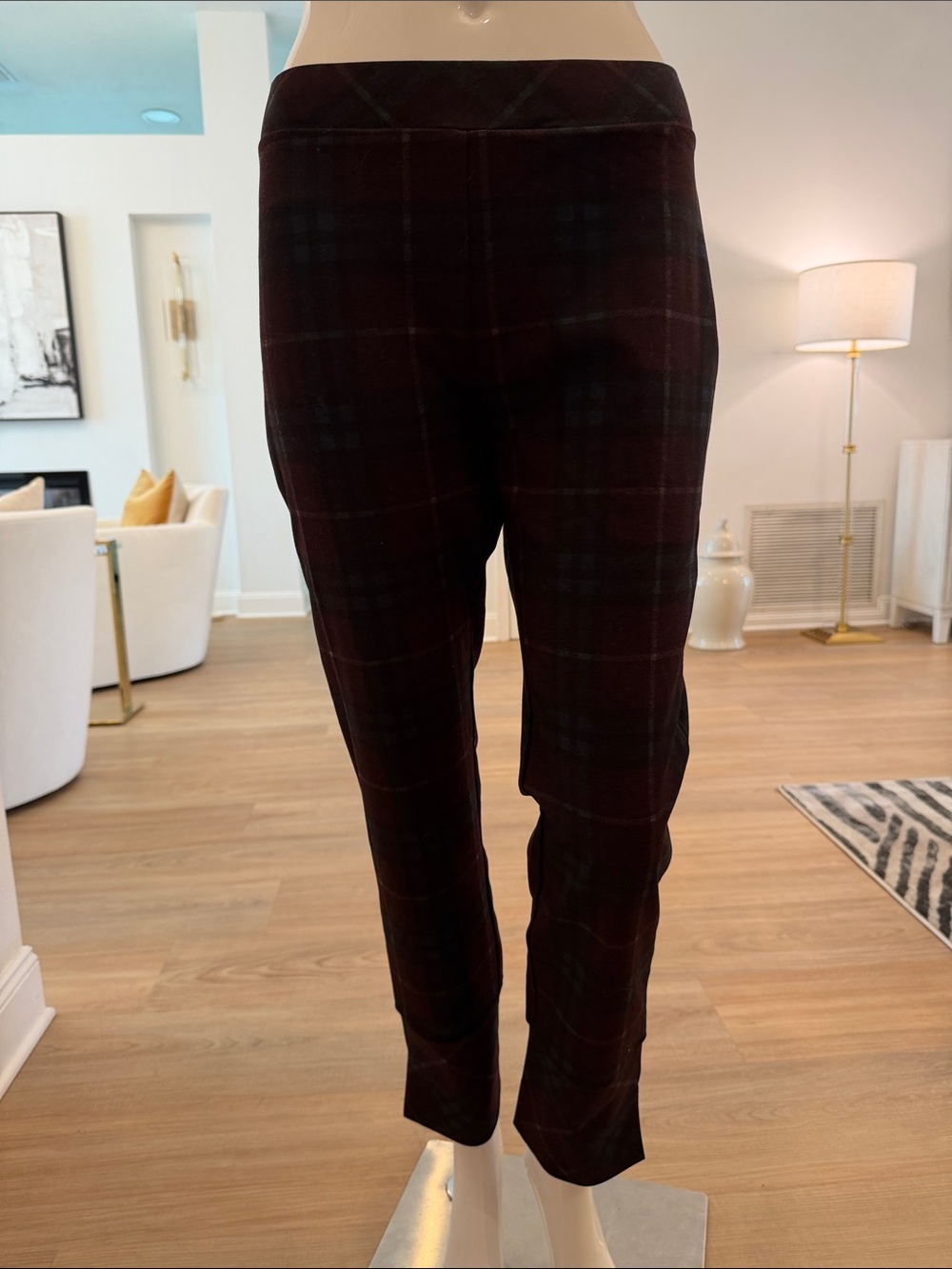 Women's Plaid Stretch Ponte Pants - Burgundy